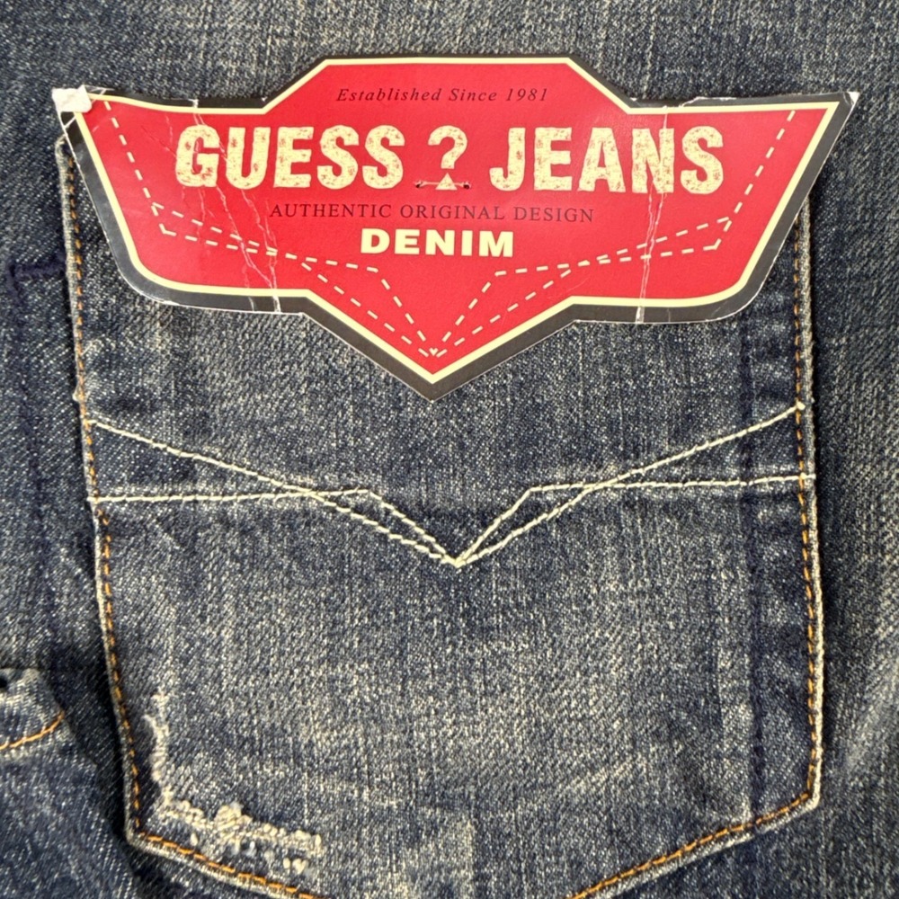 Guess Jeans Mens 30 Blue Denim Straight Leg Button Fly Distressed - Picture 8 of 8